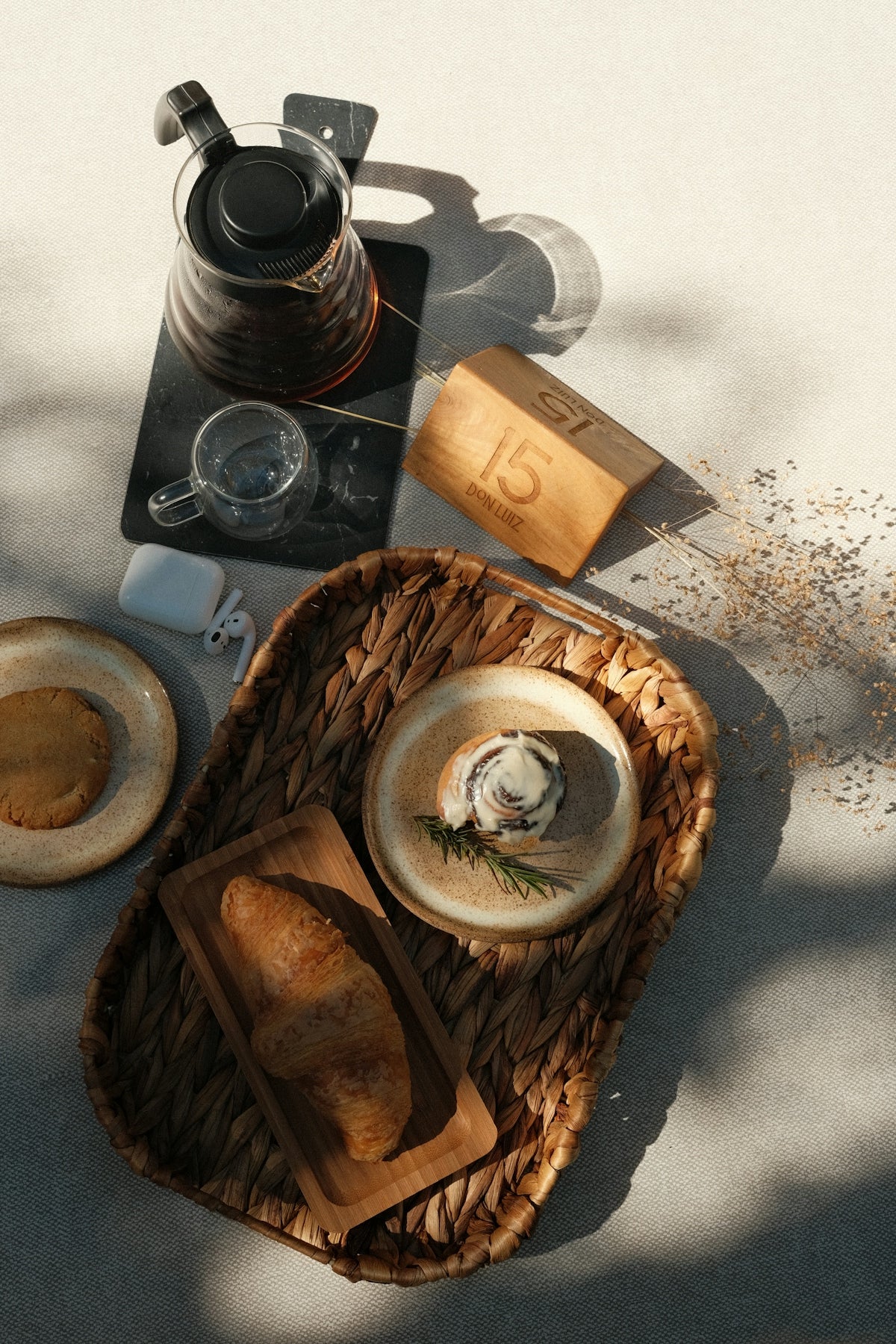 An overhead view of a tray of food on a table