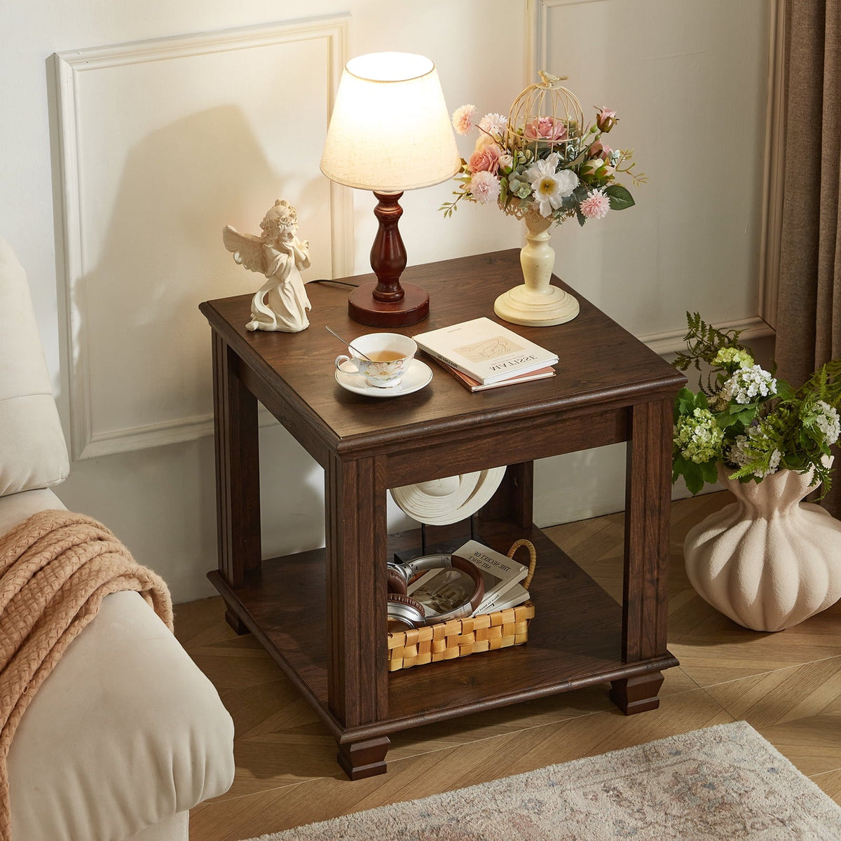 Elladera Buildhom Farmhouse End Table, Large 2-Tier Side Table with Storage Shelf,