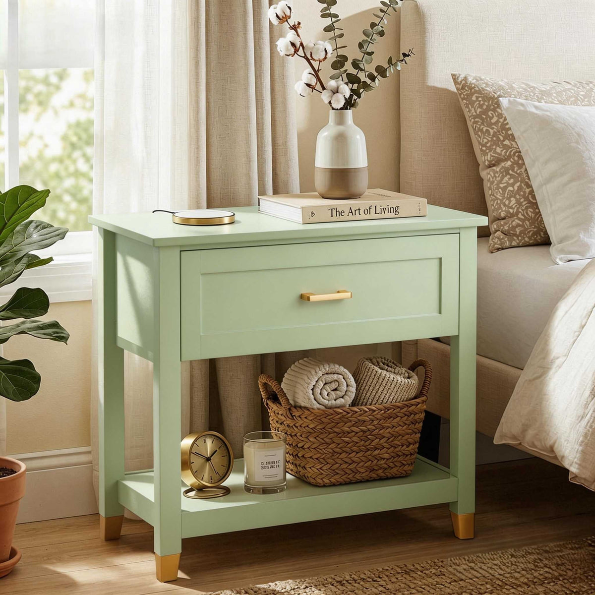 Elladera Solid Wood Nightstand with One Drawer Traditional Cottage Bedside Table, Green