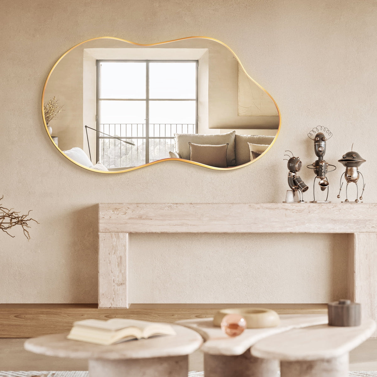 Elladera 24"x36" Irregular Wall Mirror, Cloud Shaped Gold Asymmetrical