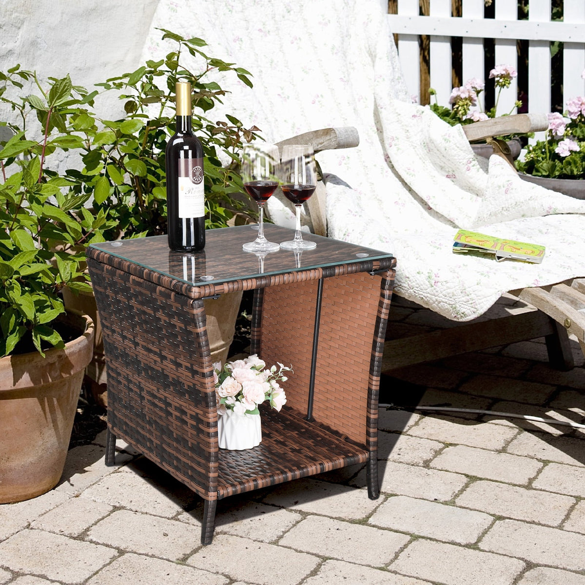 Elladera Side Table Porch Square Side Coffee Table with Glass Top, Rattan End Table