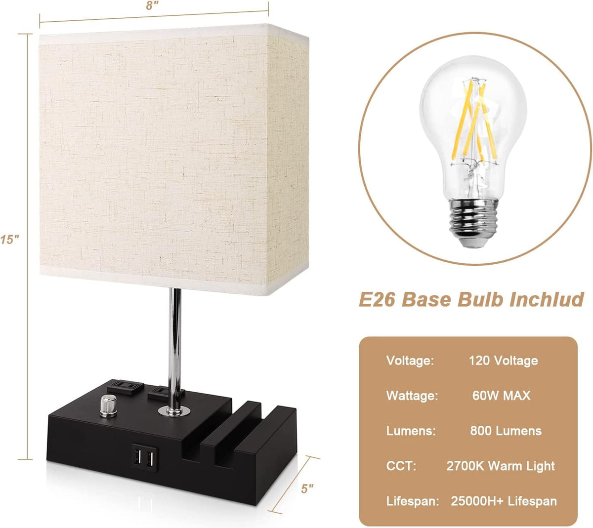 Elladera Bedside Table Lamp for Bedroom with Dual Fast USB Charging Ports, Fully