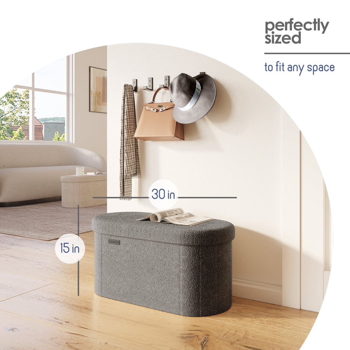 Elladera Hearth & Harbor Oval Storage Ottoman Bench, Boucle 30" Ottoman with