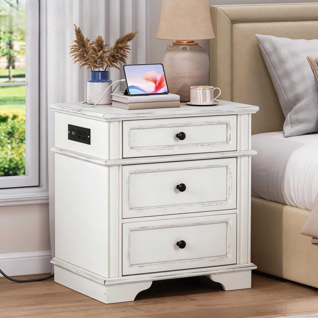 Elladera Solid Wood Nightstand with Outlets & USB Ports, 3 Drawer Traditional