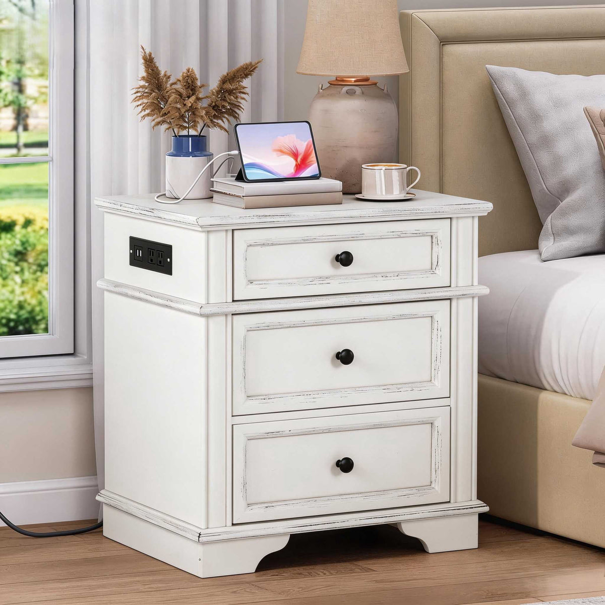 Elladera Solid Wood Nightstand with Outlets & USB Ports, 3 Drawer Traditional