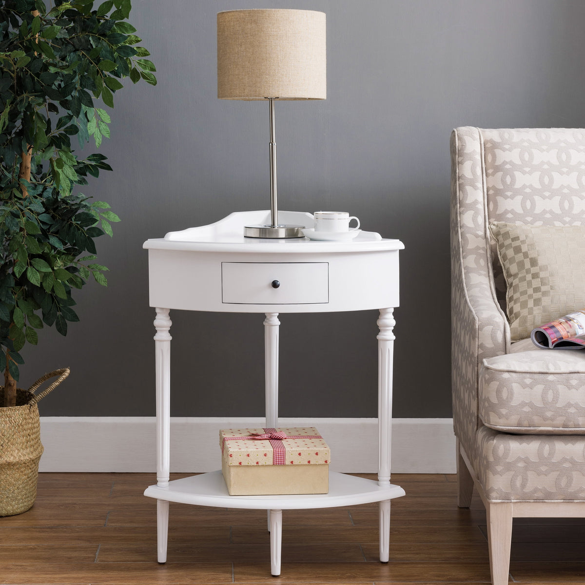 Elladera Leick Home 1-Drawer Solid Wood Corner Stand with Shelf, Cottage White
