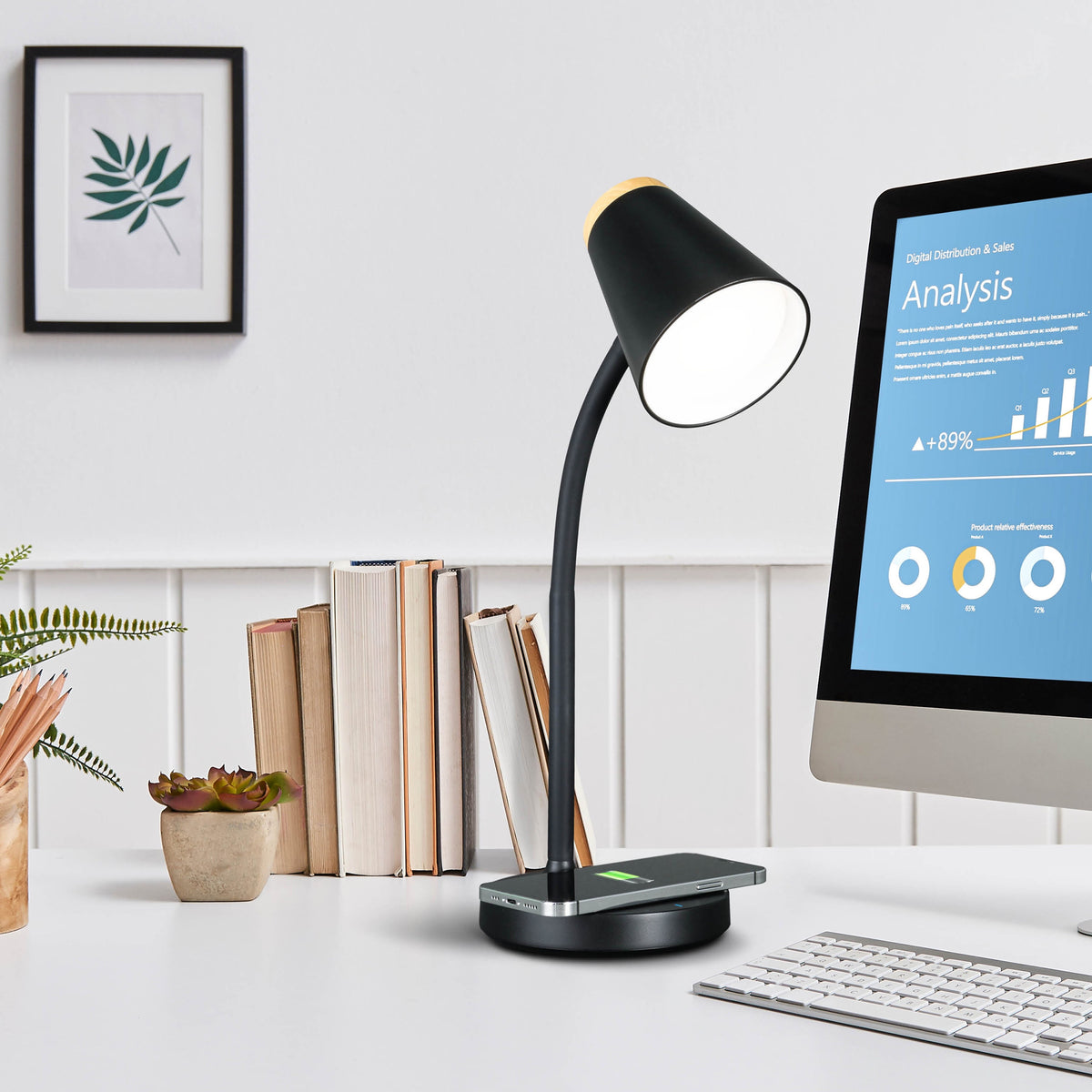 Elladera OttLite Gleam LED Desk Lamp with Wireless Charging, Dimmable, Black with