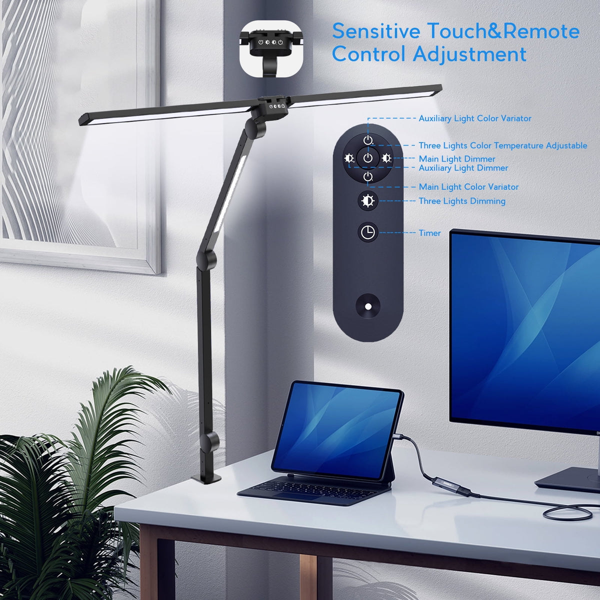 Elladera CAALOGT LED Desk Lamp, Dual Head 3-Light with Remote Control and Stepless