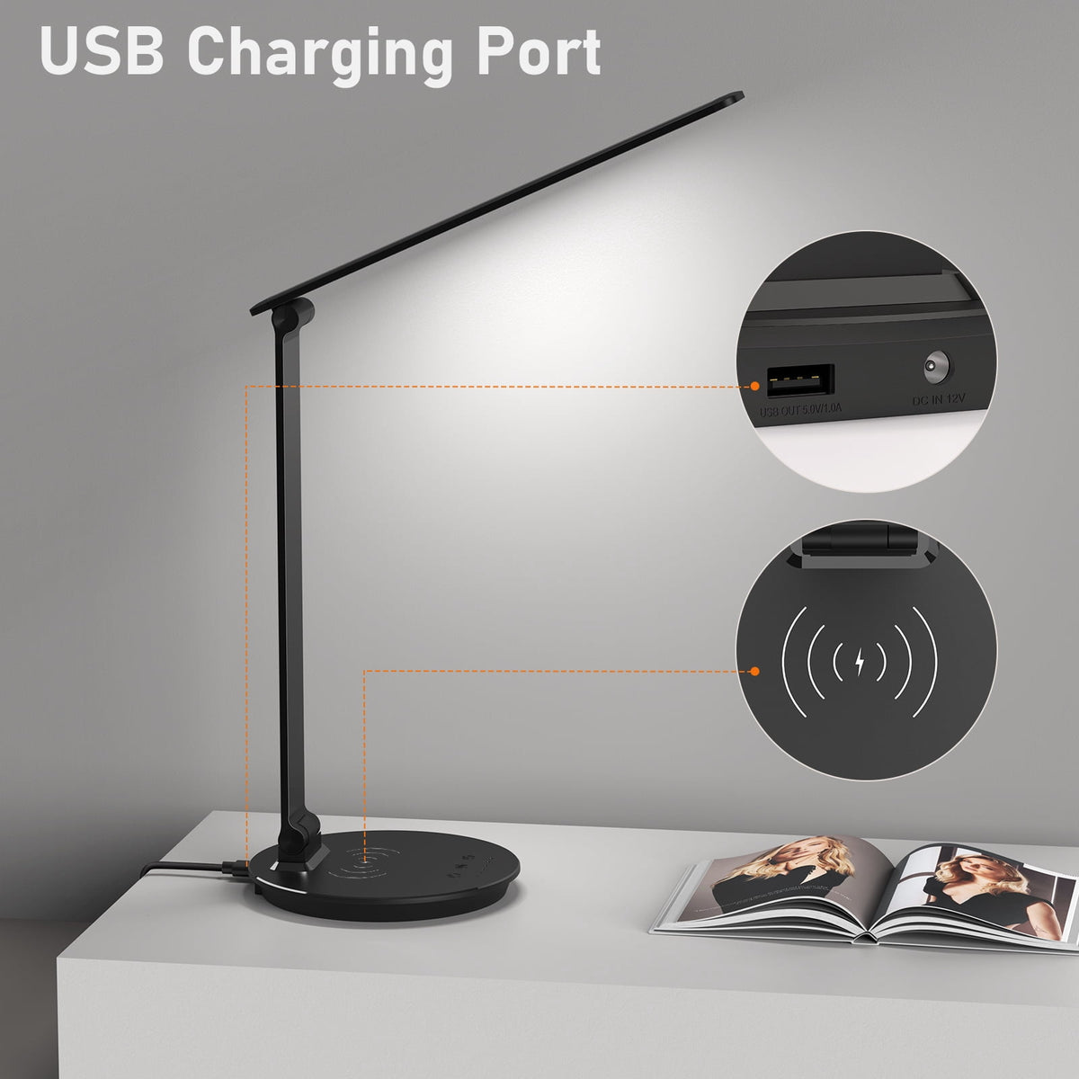 Elladera LED Desk Lamp with Usb Port Wireless Charging Charger Touch Control 5
