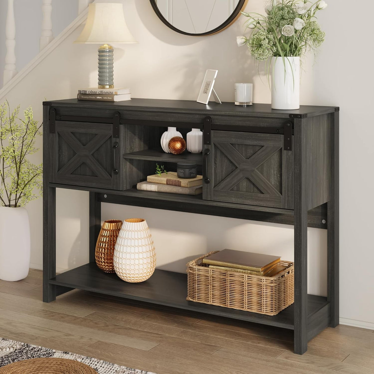 Elladera CozyHom Console Table With Storages&Shelves, Farmhouse Side Entryway Table