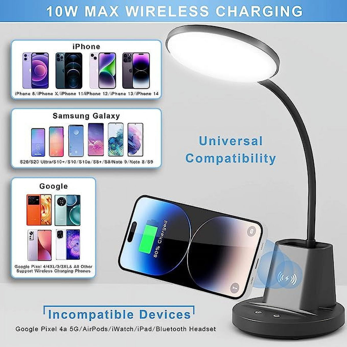 Elladera Sailstar LED Desk Lamp with Wireless Charger & Pen Holder, 3 Color Modes,