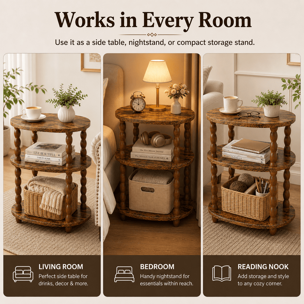 Elladera MEHOOM 3-Tier Side Table, Small End Table for Living Room and Bedroom,