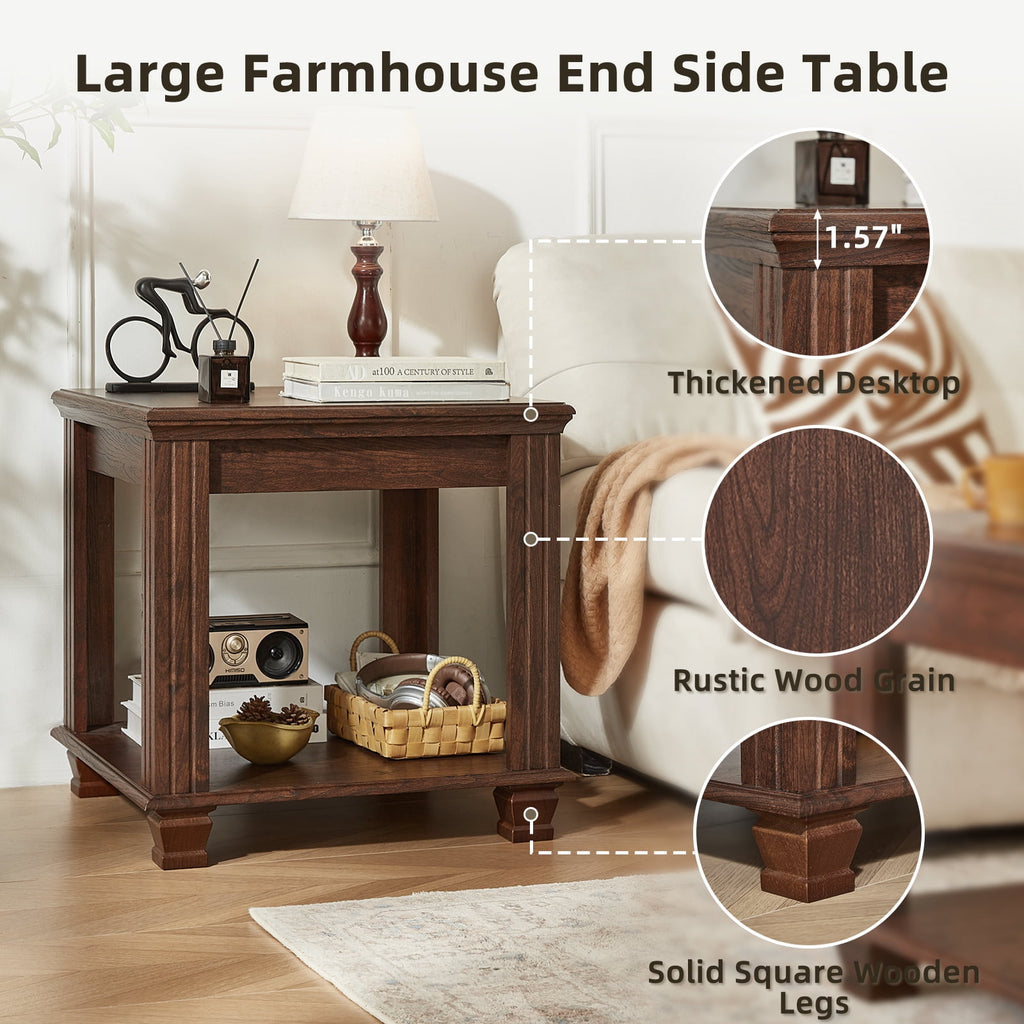 Elladera Buildhom Farmhouse End Table, Large 2-Tier Side Table with Storage Shelf,