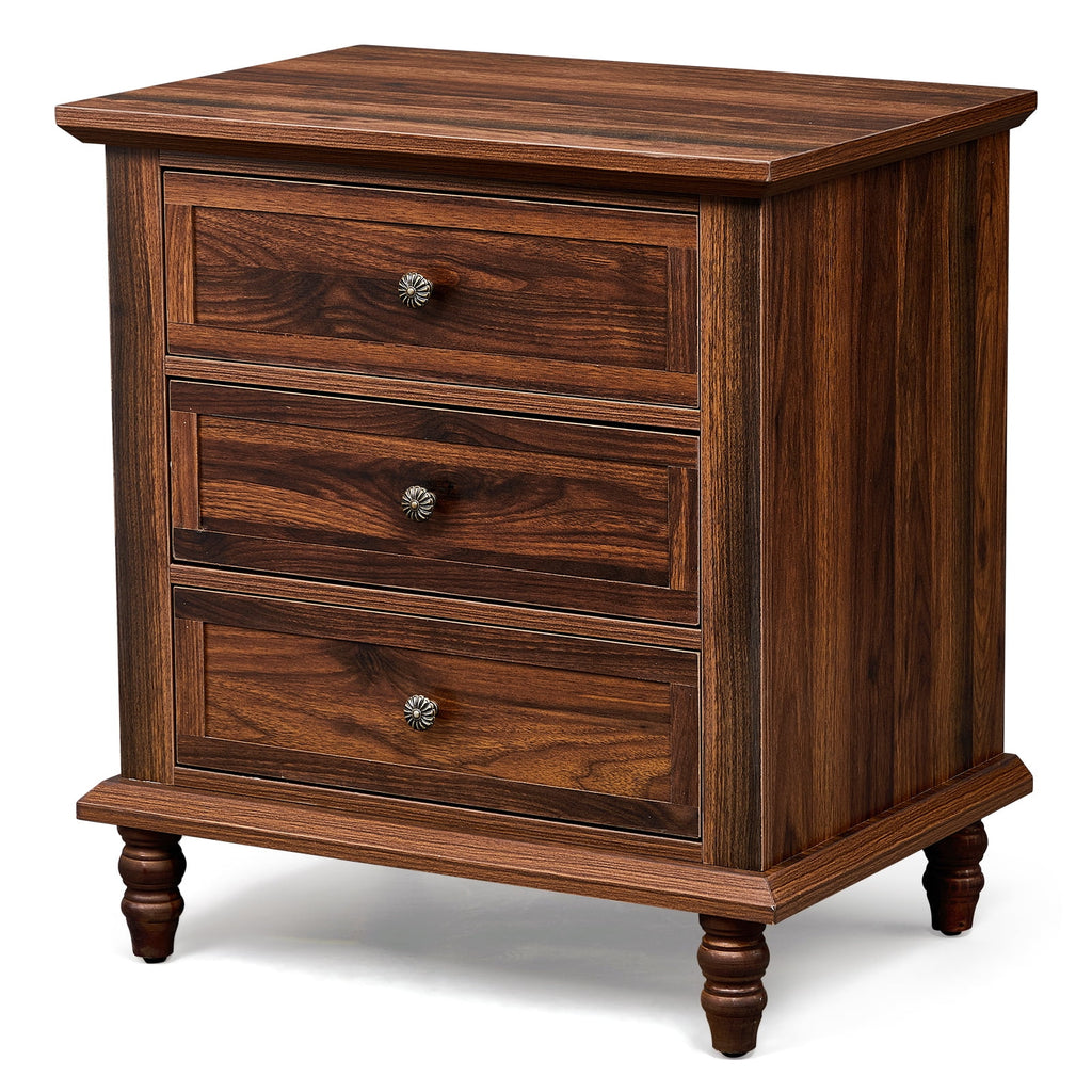 Elladera Solid Wood Nightstand 3 Drawer Traditional Cottage Bedside Table, Brown