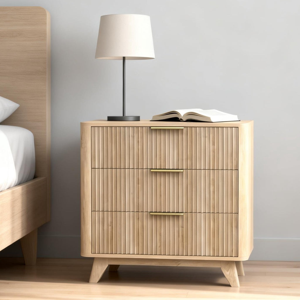 Elladera Solid Wood 3 Drawer Nightstand Fluted Bedside Table End Table, Oak