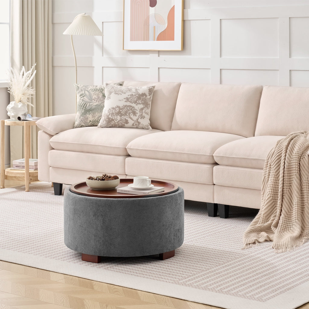 Elladera 29.1 Inch Round Boucle Storage Ottoman Coffee Table with Removable Lid Top