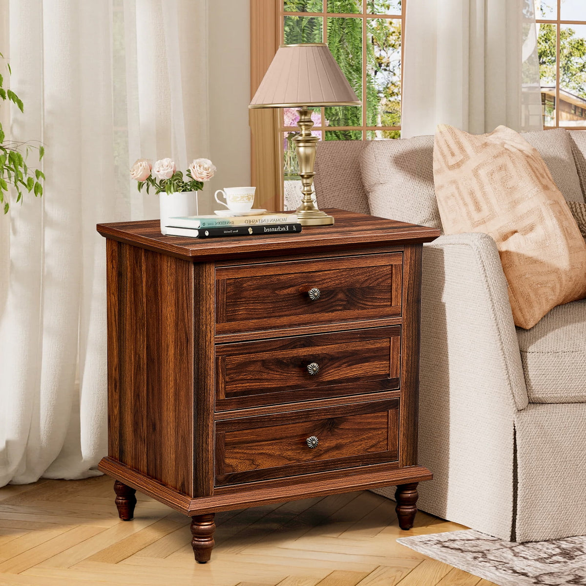 Elladera Solid Wood Nightstand 3 Drawer Traditional Cottage Bedside Table, Brown