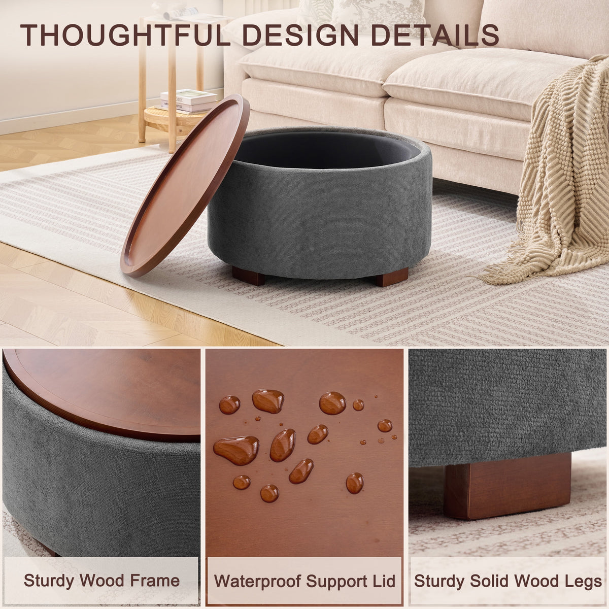 Elladera 29.1 Inch Round Boucle Storage Ottoman Coffee Table with Removable Lid Top