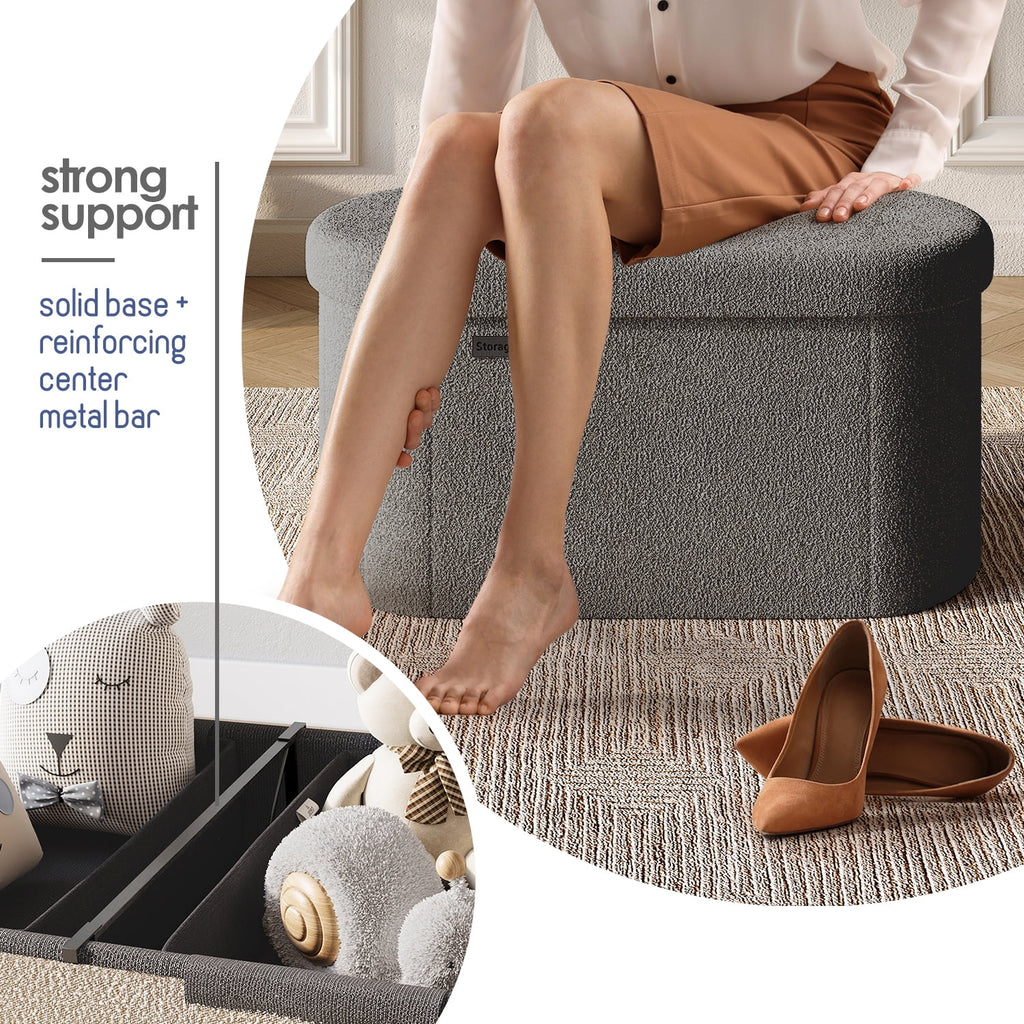 Elladera Hearth & Harbor Oval Storage Ottoman Bench, Boucle 30" Ottoman with