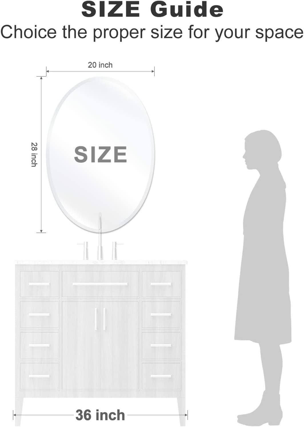 Elladera 20 x 28 Inch Frameless Oval Bathroom Mirror for Vanity, Beveled Edge White
