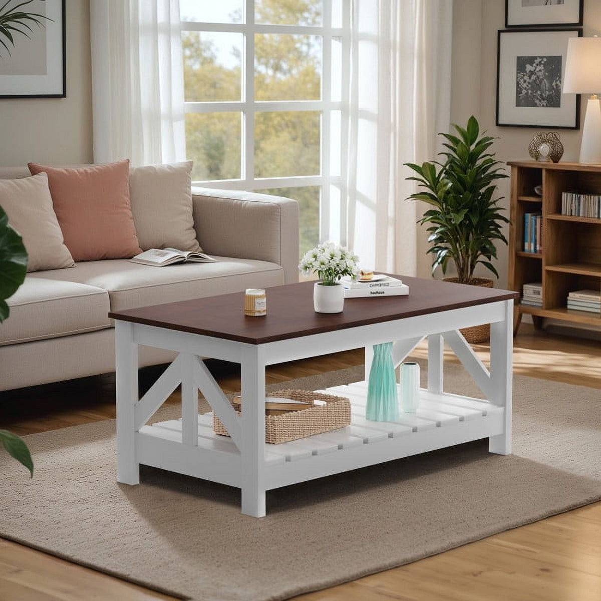 Elladera 39" 2-Tier Farmhouse Coffee Table Wood Center Table with Storage Shelf for