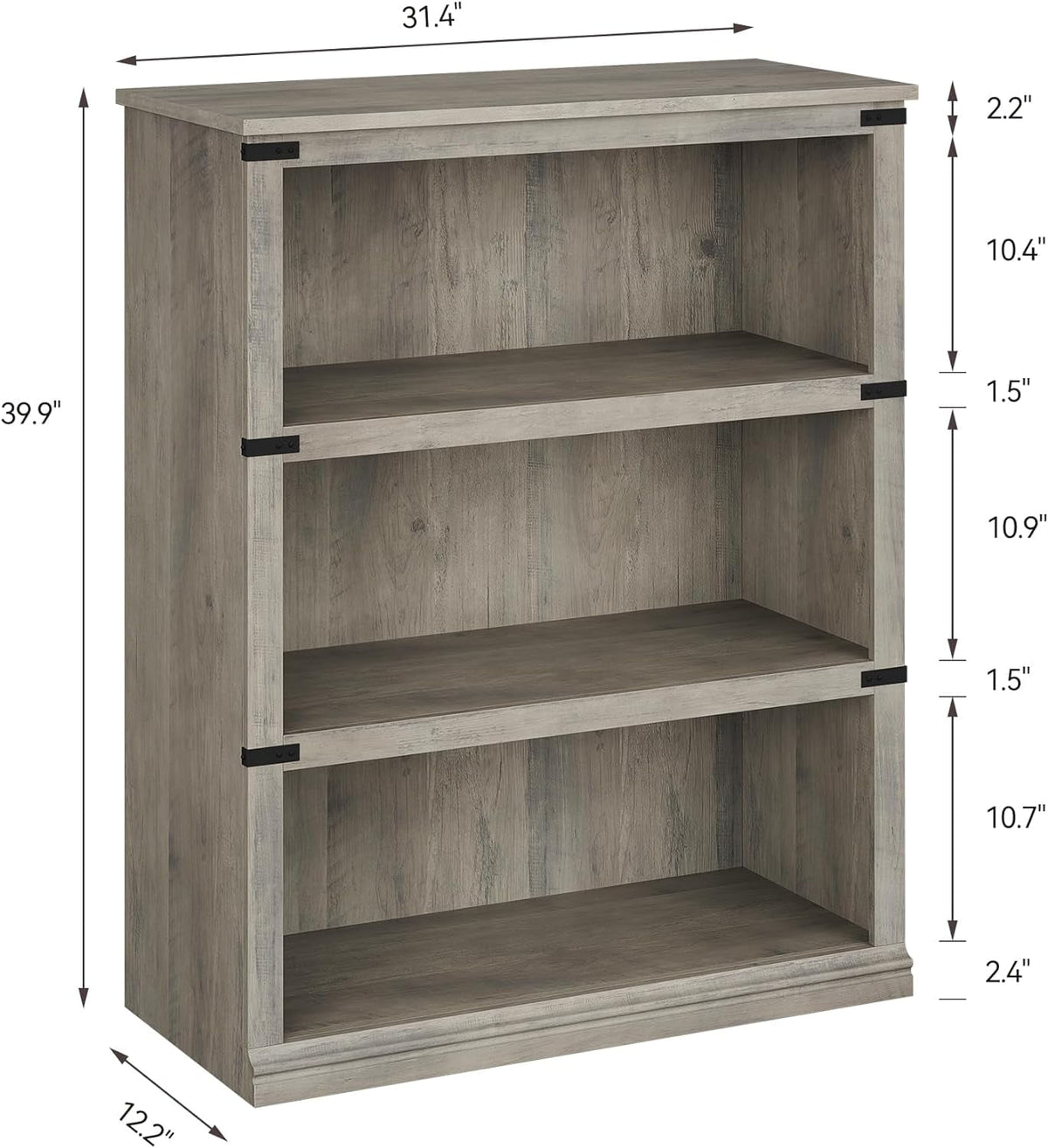 Elladera 3 Tier Bookcase, Farmhouse Book Shelf with Storage Open Display