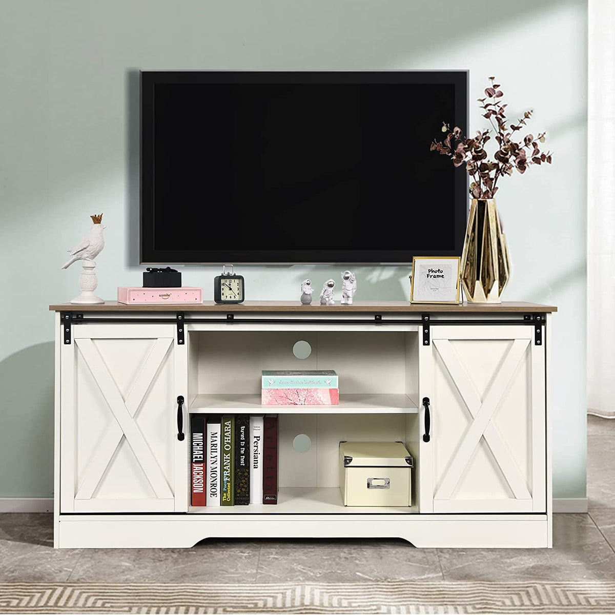 Elladera 59'' Modern Farmhouse TV Stand for 65 inch TV, Sliding Barn Door