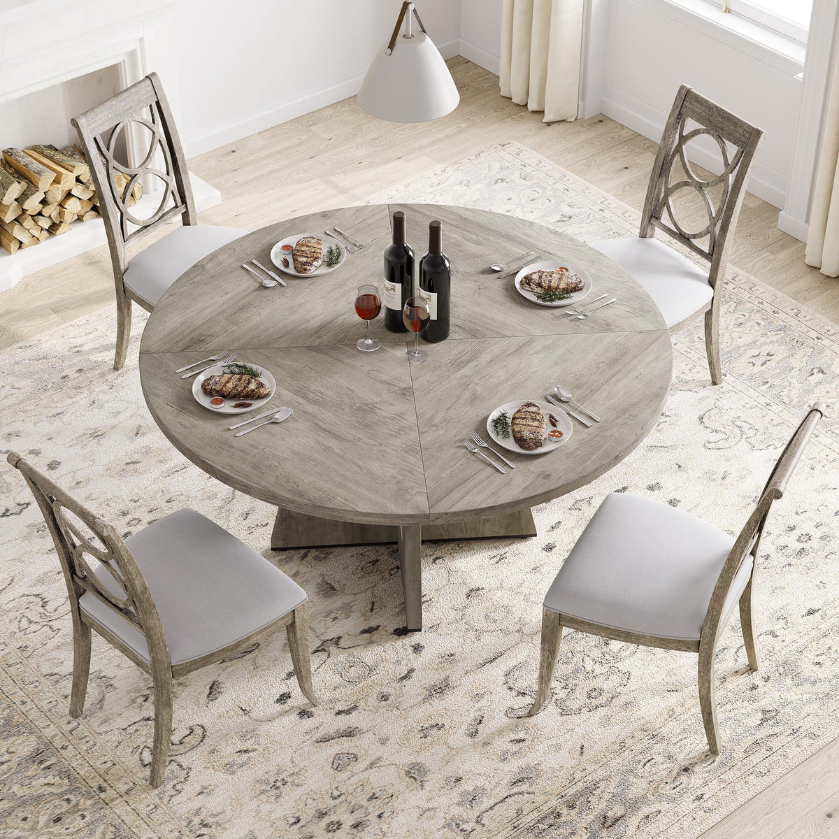 Elladera 47-Inch Round Dining Table for 4, Wooden Pedestal Farmhouse Table, Modern