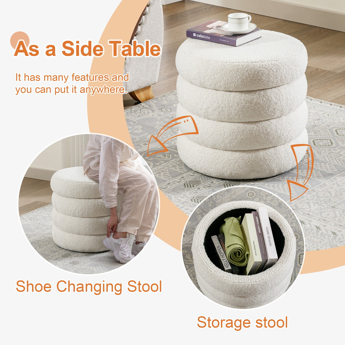 Elladera Zesthouse 19.5" Wide Round Boucle Storage Ottoman, Tufted Sherpa Ottoman