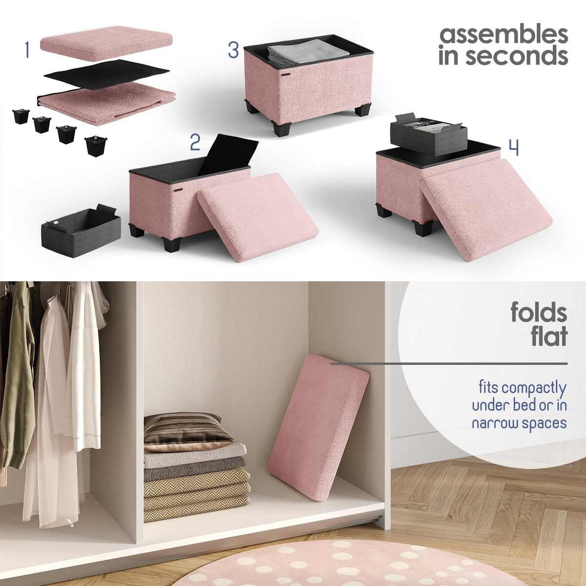 Elladera Hearth & Harbor Storage Ottoman Bench, Boucle 16" Ottoman with Storage, Pink