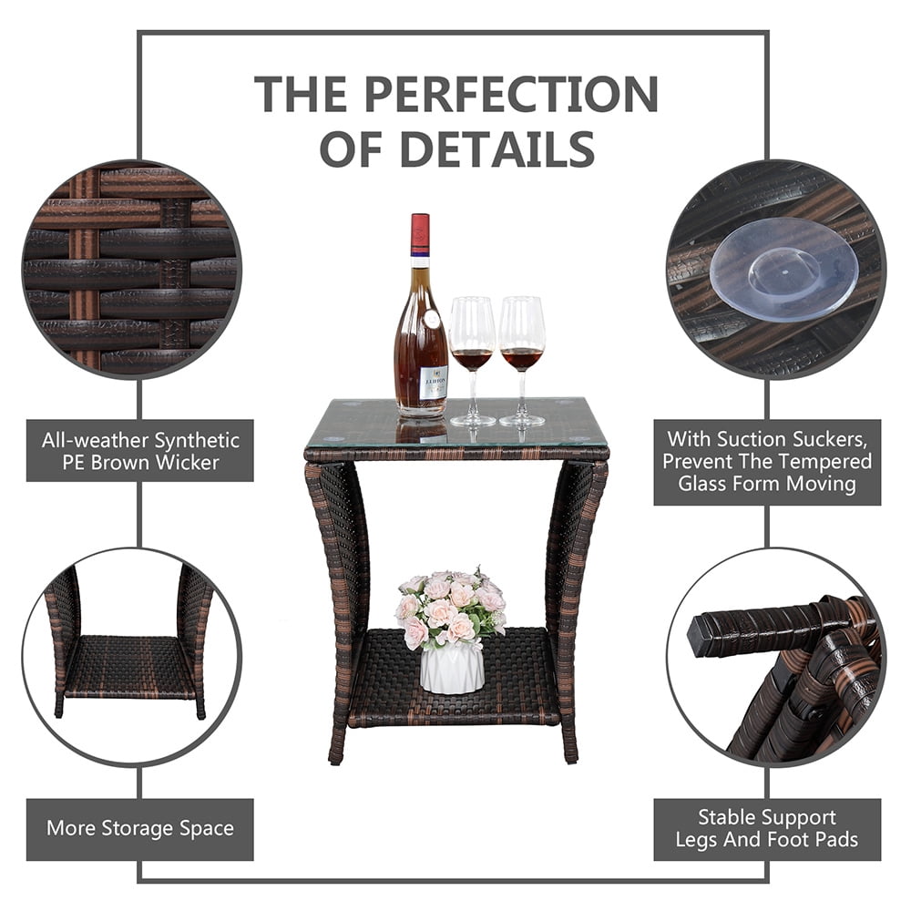 Elladera Side Table Porch Square Side Coffee Table with Glass Top, Rattan End Table