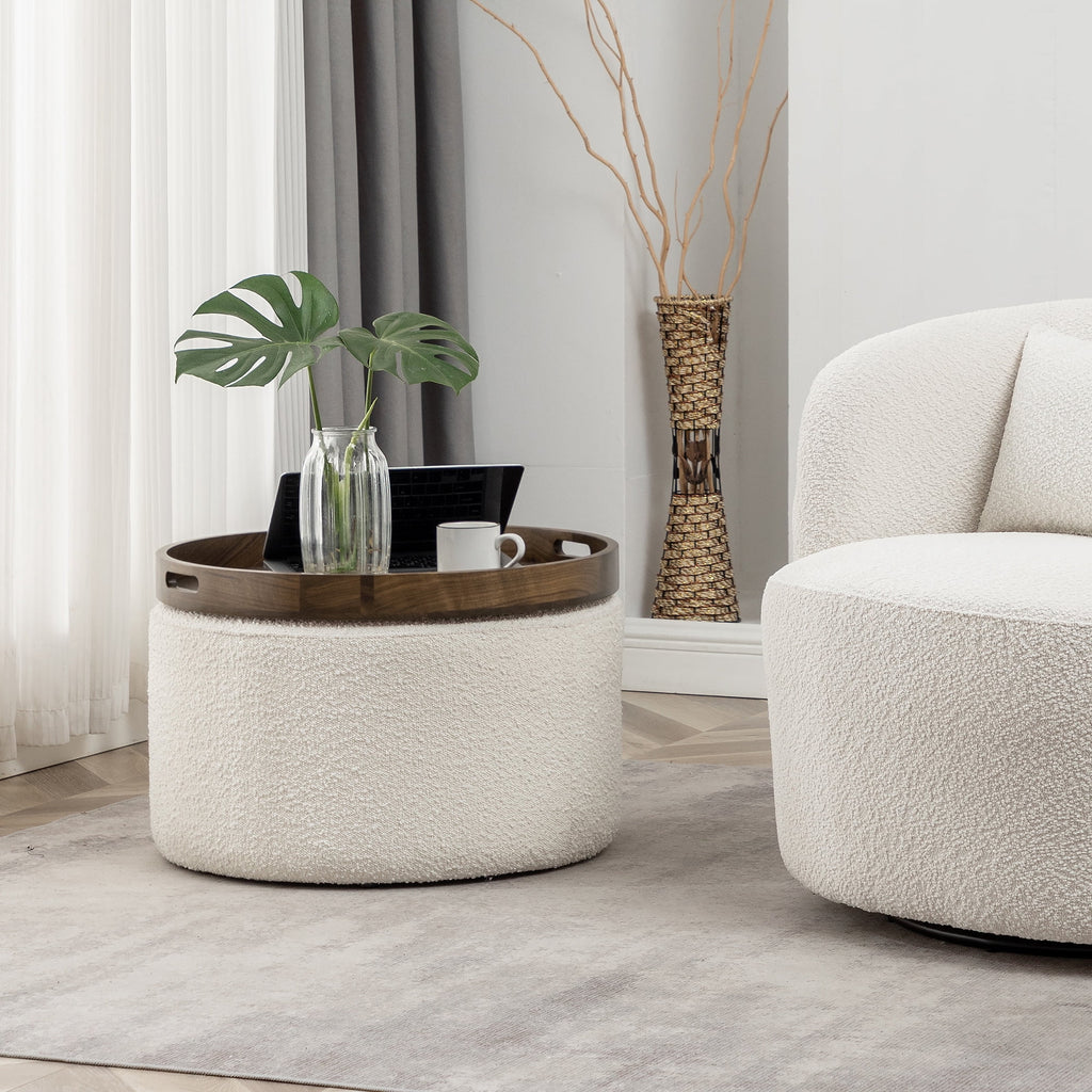 Elladera Modern Round Boucle Upholstered Ottoman with Soft Padded Seat