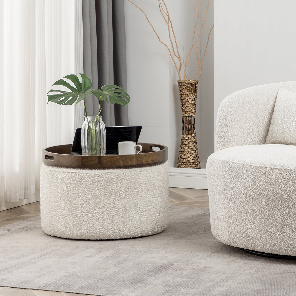 Elladera Modern Round Boucle Upholstered Ottoman with Soft Padded Seat