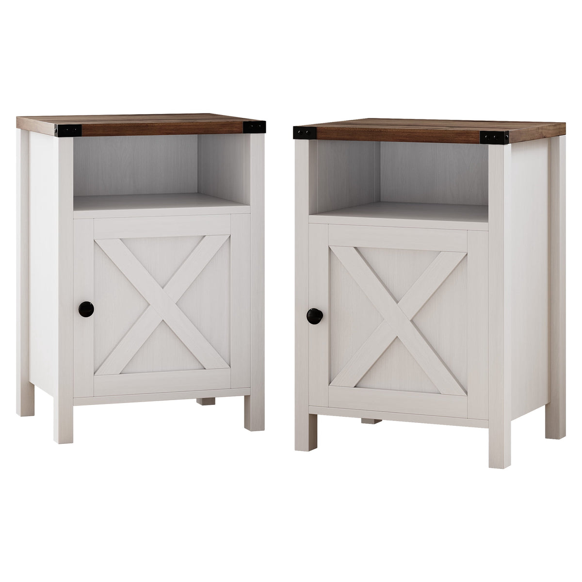 Elladera 4 EVER WINNER Farmhouse 2-Pack Barn Door Side Tables, Cream White Storage
