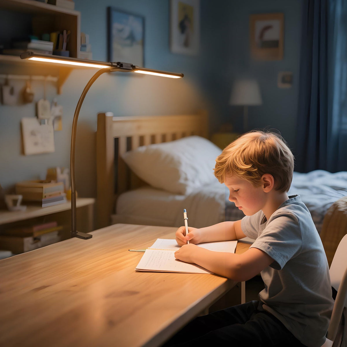 Elladera LED Clip-on Desk Lamp, Double Head Reading Light, Dimmable USB Port Desk