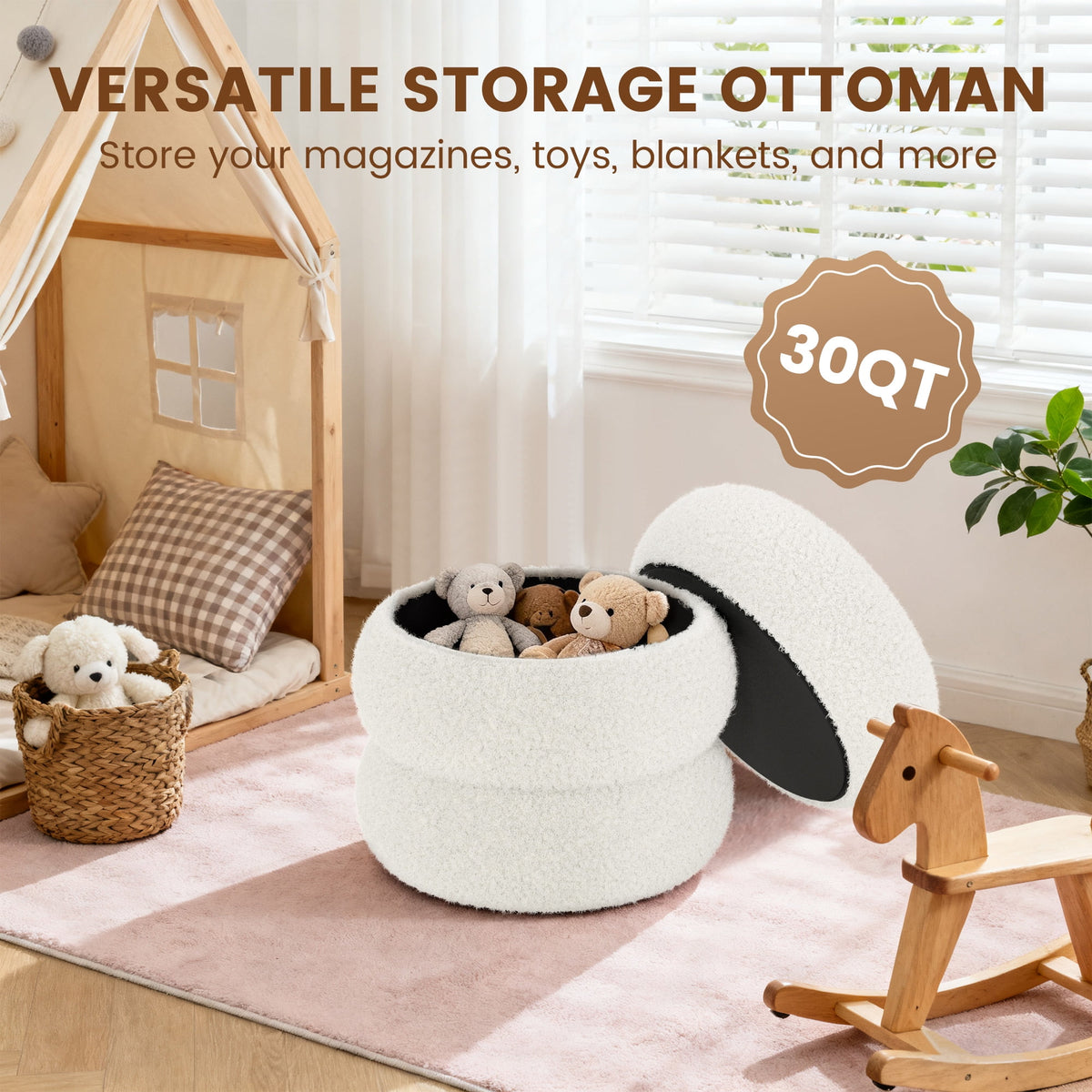 Elladera Round Ottoman with Storage, Plush Teddy Boucle Footstool for Living Room
