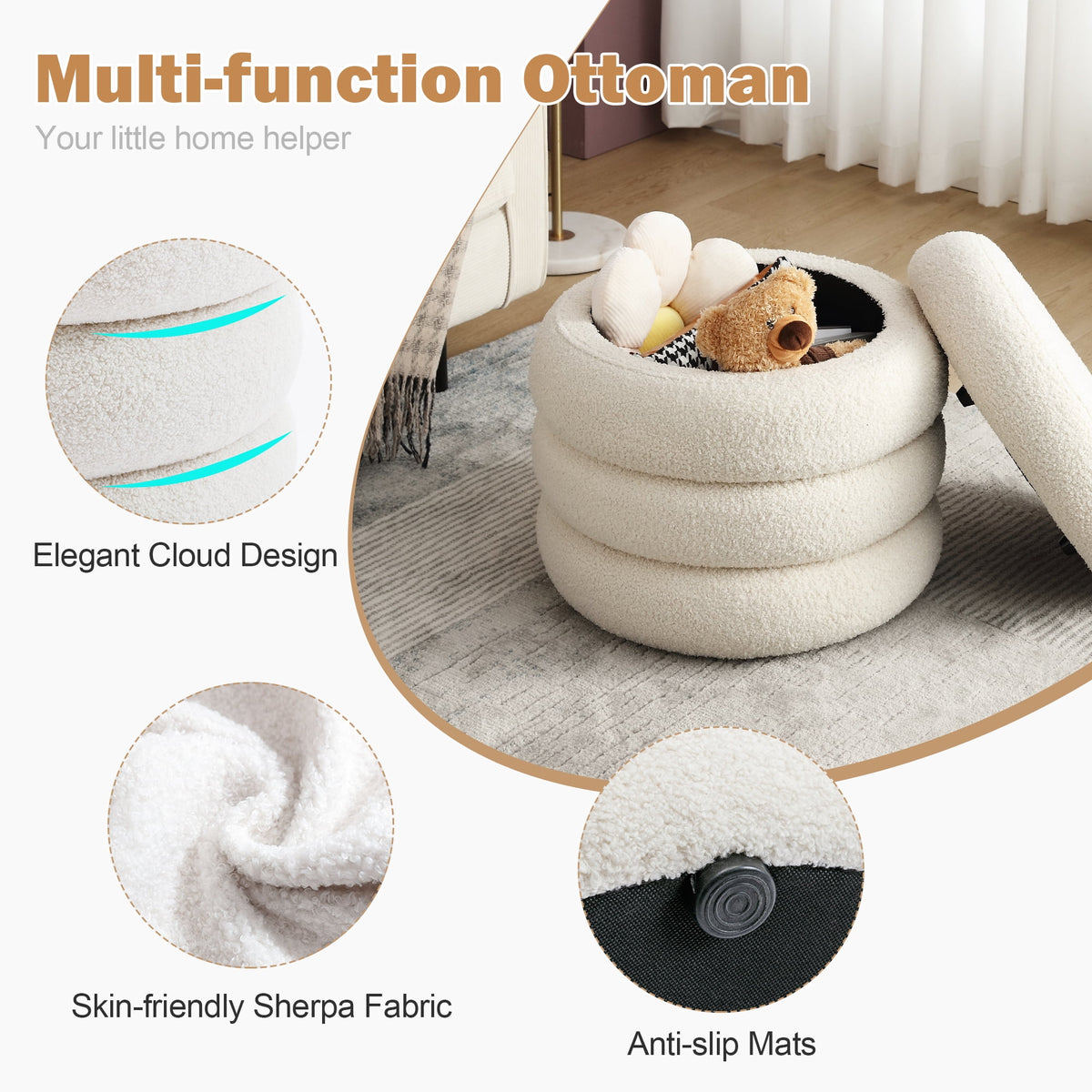 Elladera Zesthouse 19.5" Wide Round Boucle Storage Ottoman, Tufted Sherpa Ottoman