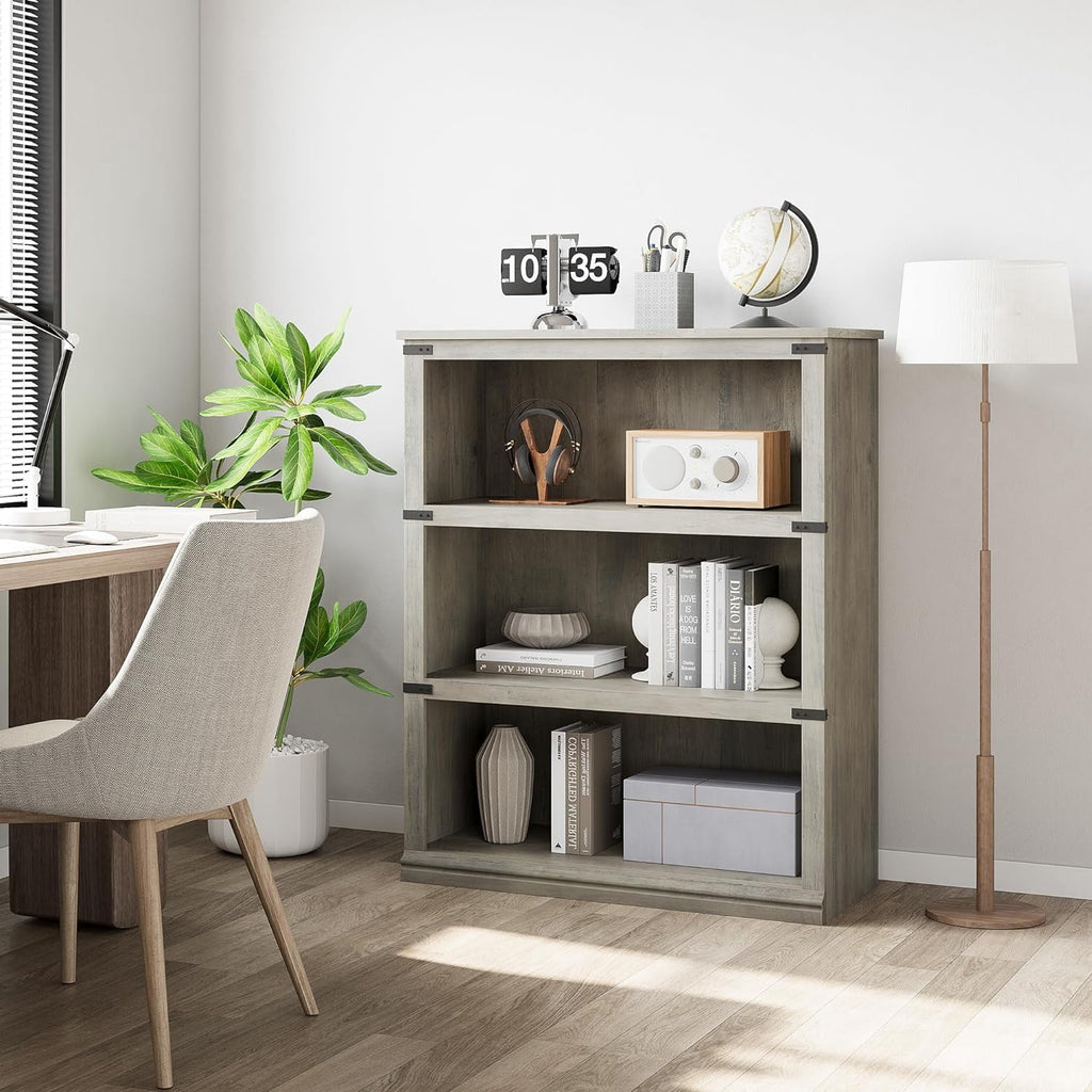 Elladera 3 Tier Bookcase, Farmhouse Book Shelf with Storage Open Display
