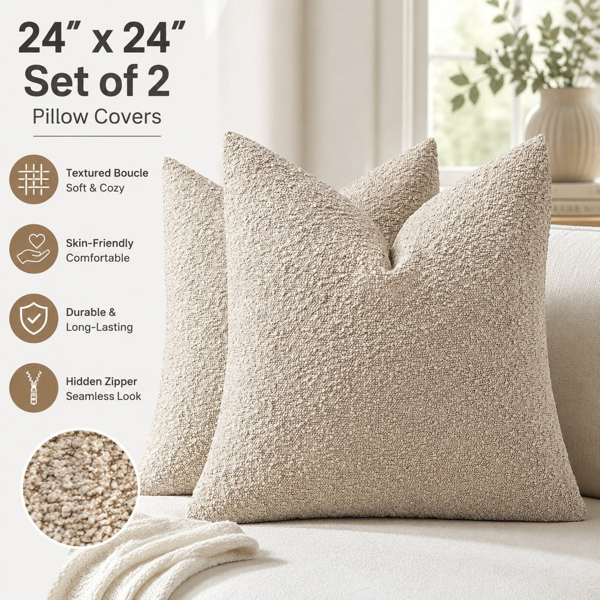 Elladera 24x24 Inch Decorative Euro Sham Pillow Covers Set of 2 Textured Boucle