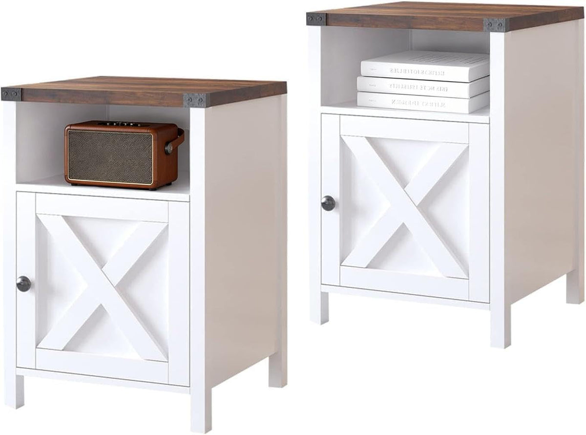 Elladera 4 EVER WINNER Farmhouse Barn Door Side Table Set of 2, Cream White End