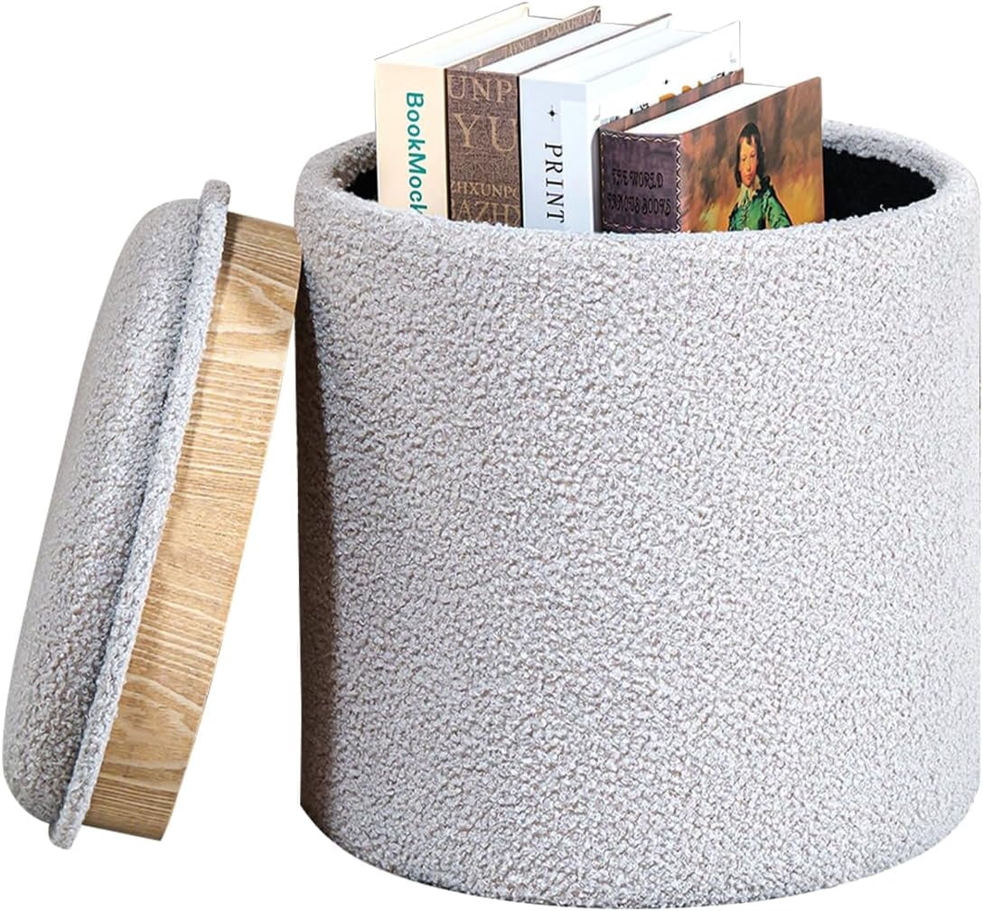 Elladera B FSOBEIIALEO Storage Ottoman Round Boucle Teddy Foot Rest Cube with Wood