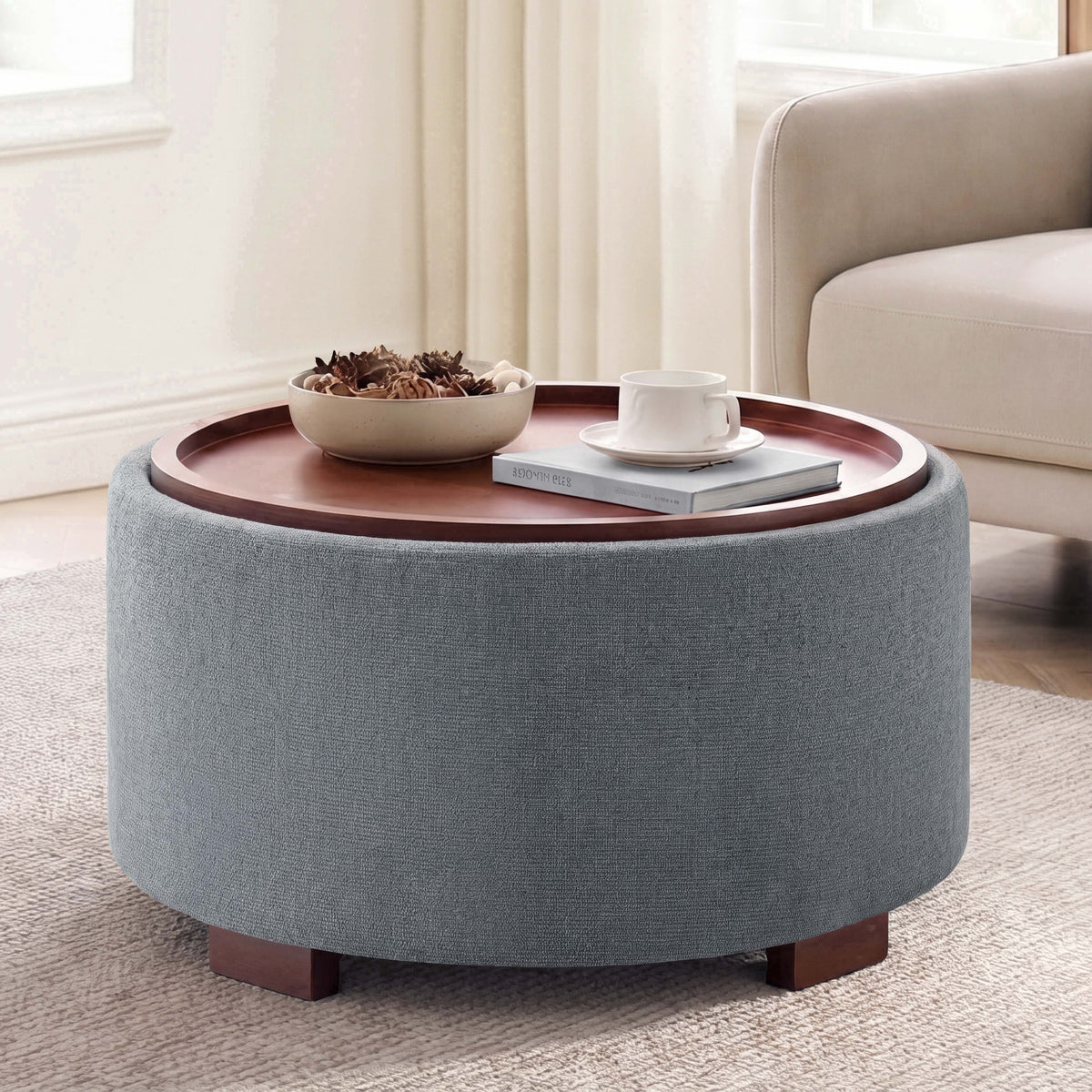 Elladera 29.1 Inch Round Boucle Storage Ottoman Coffee Table with Removable Lid Top