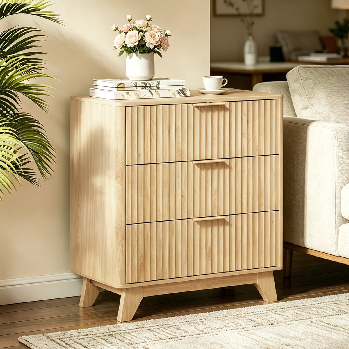 Elladera Solid Wood 3 Drawer Nightstand Fluted Bedside Table End Table, Oak