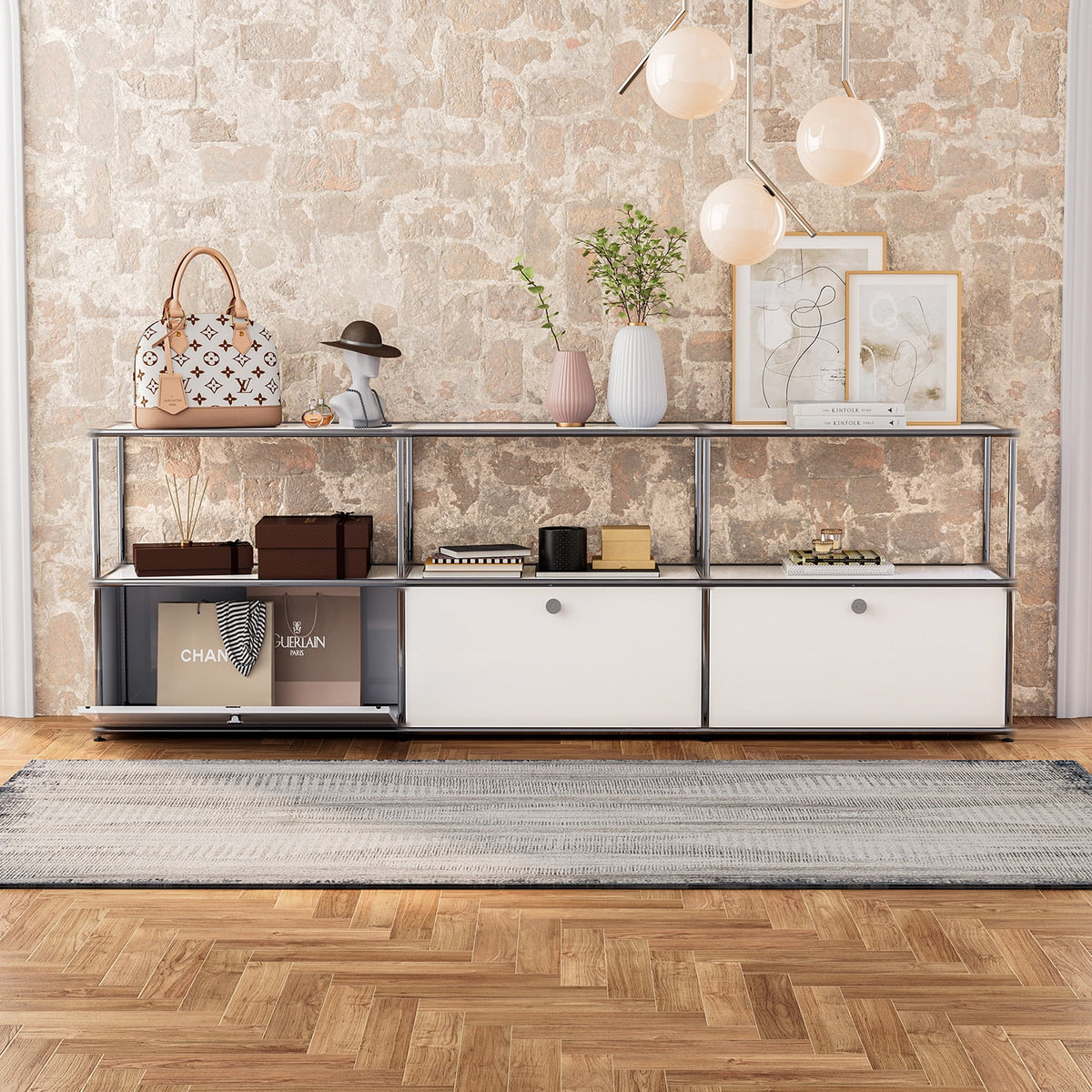 Elladera 2-Tier Accent Cabinet,Metal Storage Cabinets with 3 Doors,Open