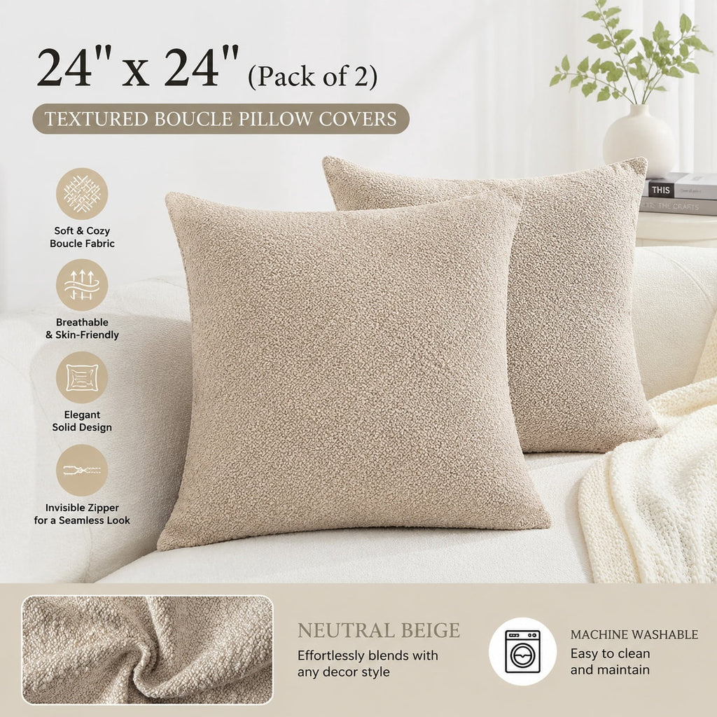 Elladera 24x24 Inch Decorative Euro Sham Pillow Covers Set of 2 Textured Boucle