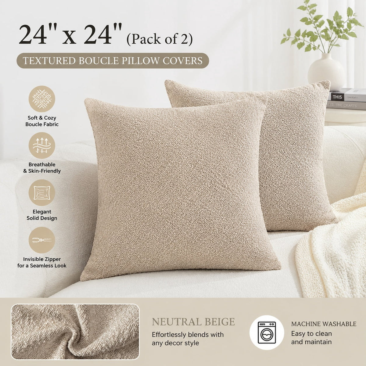 Elladera 24x24 Inch Decorative Euro Sham Pillow Covers Set of 2 Textured Boucle