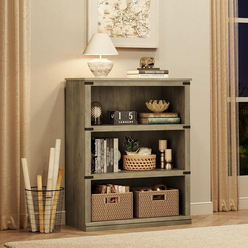 Elladera 3 Tier Bookcase, Farmhouse Book Shelf with Storage Open Display