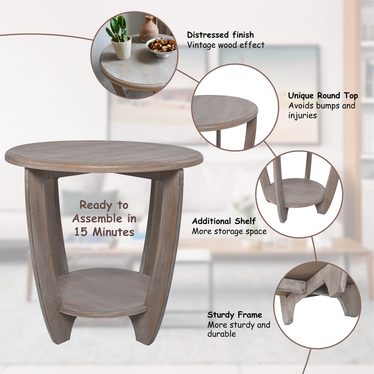 Elladera COZAYH Rustic Farmhouse Wooden End Table- Storage Shelf- Grey Finish