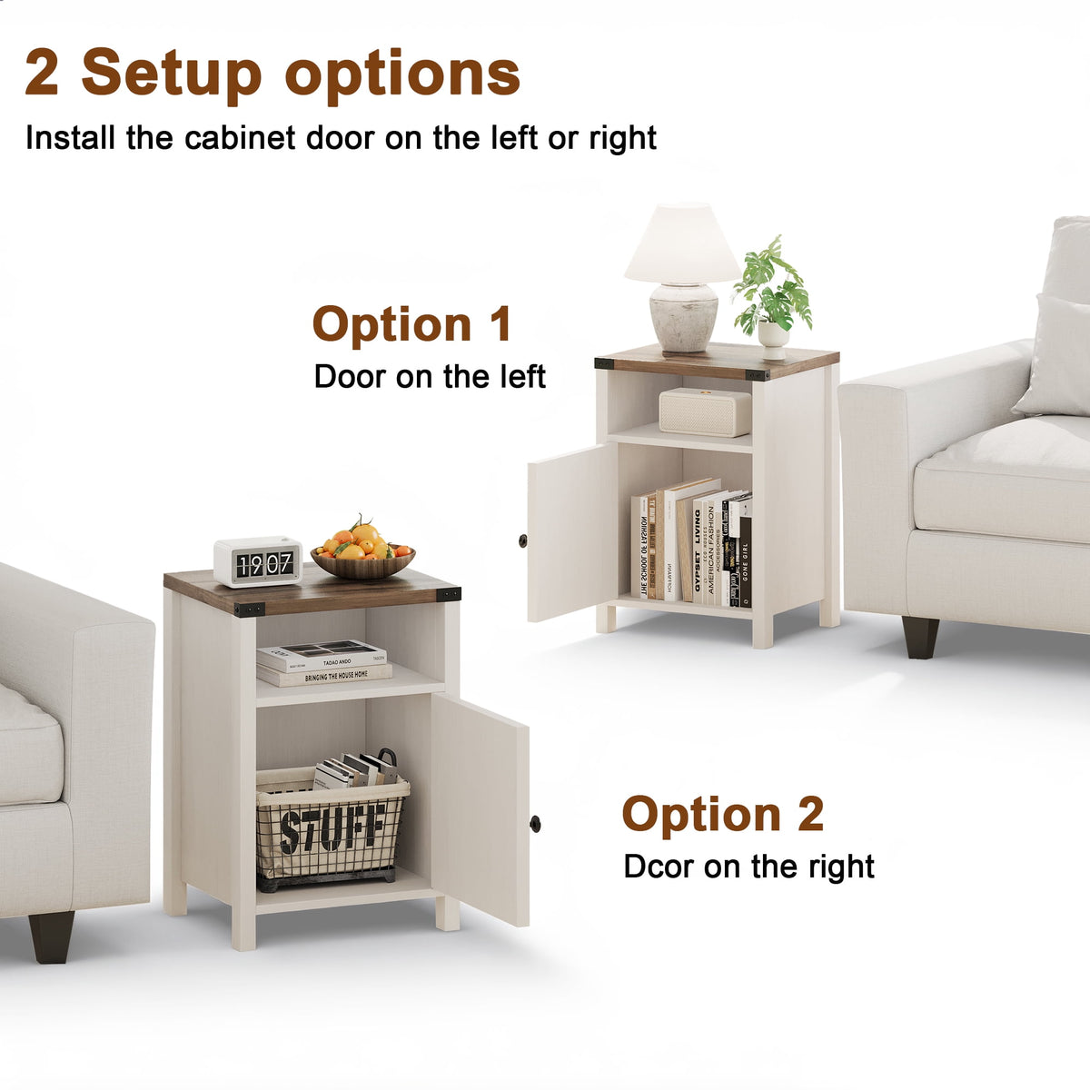 Elladera 4 EVER WINNER Farmhouse 2-Pack Barn Door Side Tables, Cream White Storage