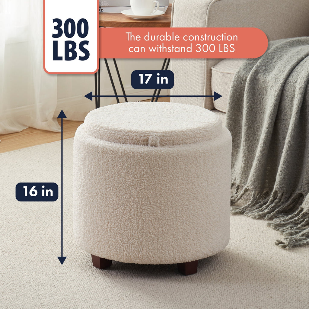 Elladera Ornavo Home Round Storage Ottoman with Reversible Lid, 17in Boucle White